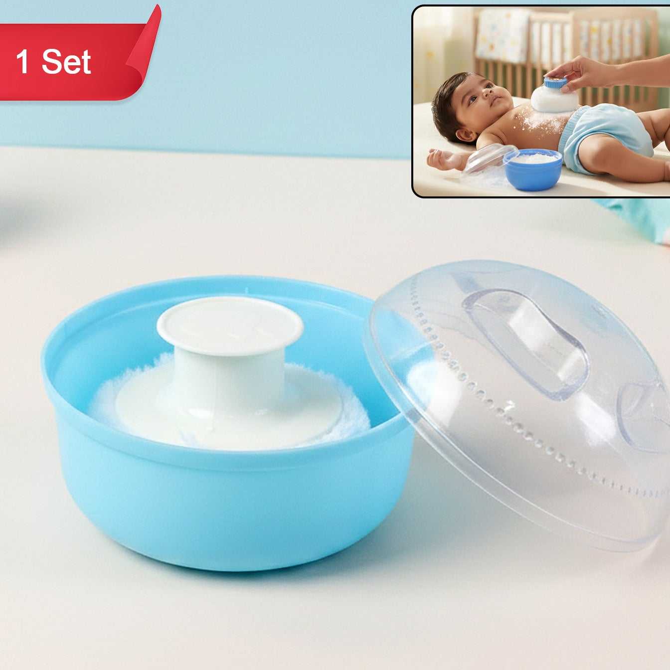 Baby Powder Puff Dispenser with Lid & Soft Applicator - 1 Set - Happy Price - Image 1