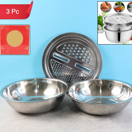 3-in-1 Stainless Steel Kitchen Bowl Set - Mixing, Straining & Grating - Happy Price - Image 1