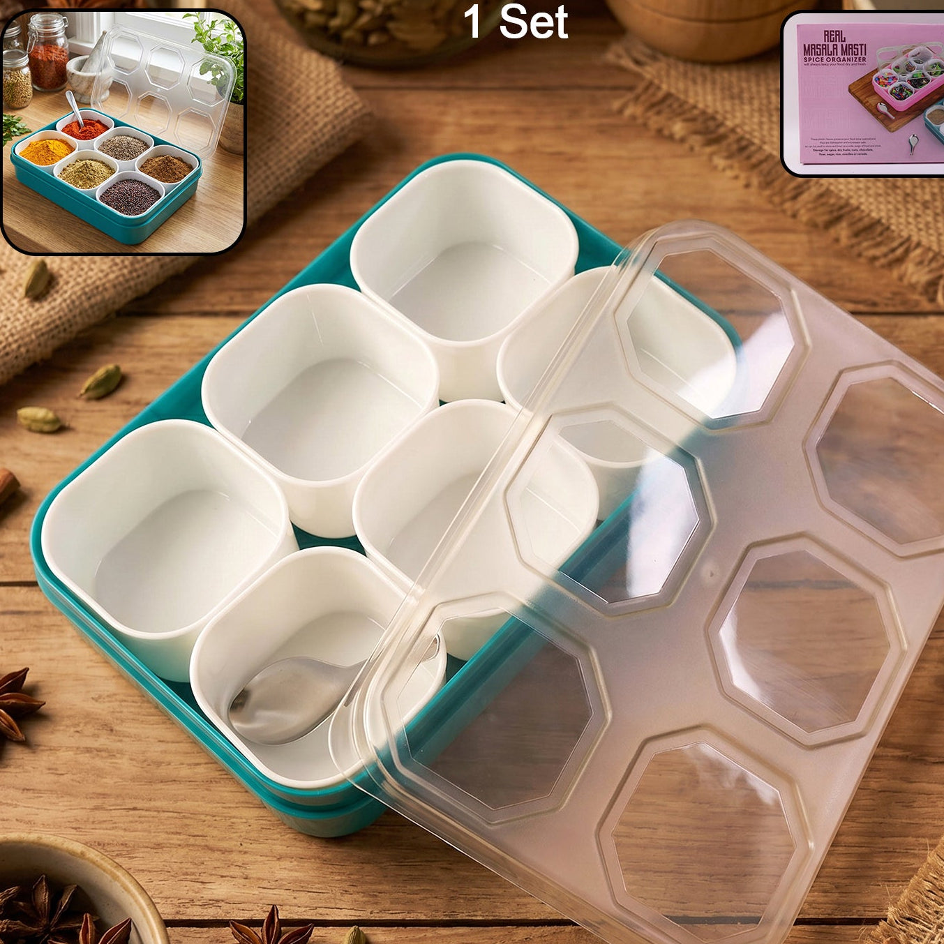 Plastic Real Masala Masti Box With 6 Compartments For Spice Storage