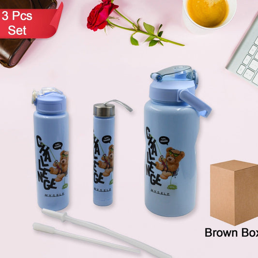 Plastic Water Bottle 3pc Set3  Different Size Bottle High Quality Water Bottle Plastic Water Bottle Bpa-free  Leak-proof  Cartoon Printed Design For Kids School For Fridge Office Sports School Gym Yoga (3 Pc Set) - Happy Price - Image 1