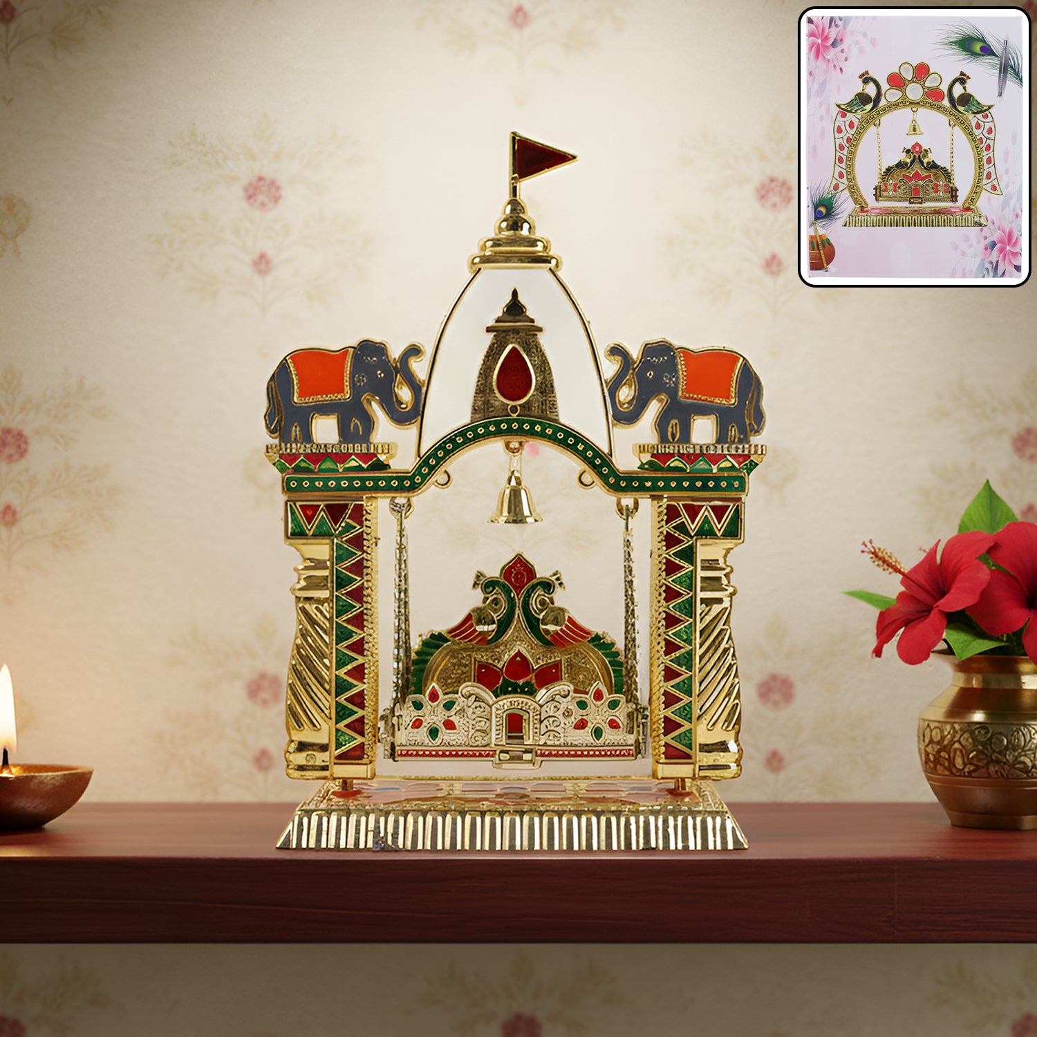 Decorative Pooja Jhula Mandir 1 Pc with Elephant Motifs & Hanging Bell - Great Price - Image 1