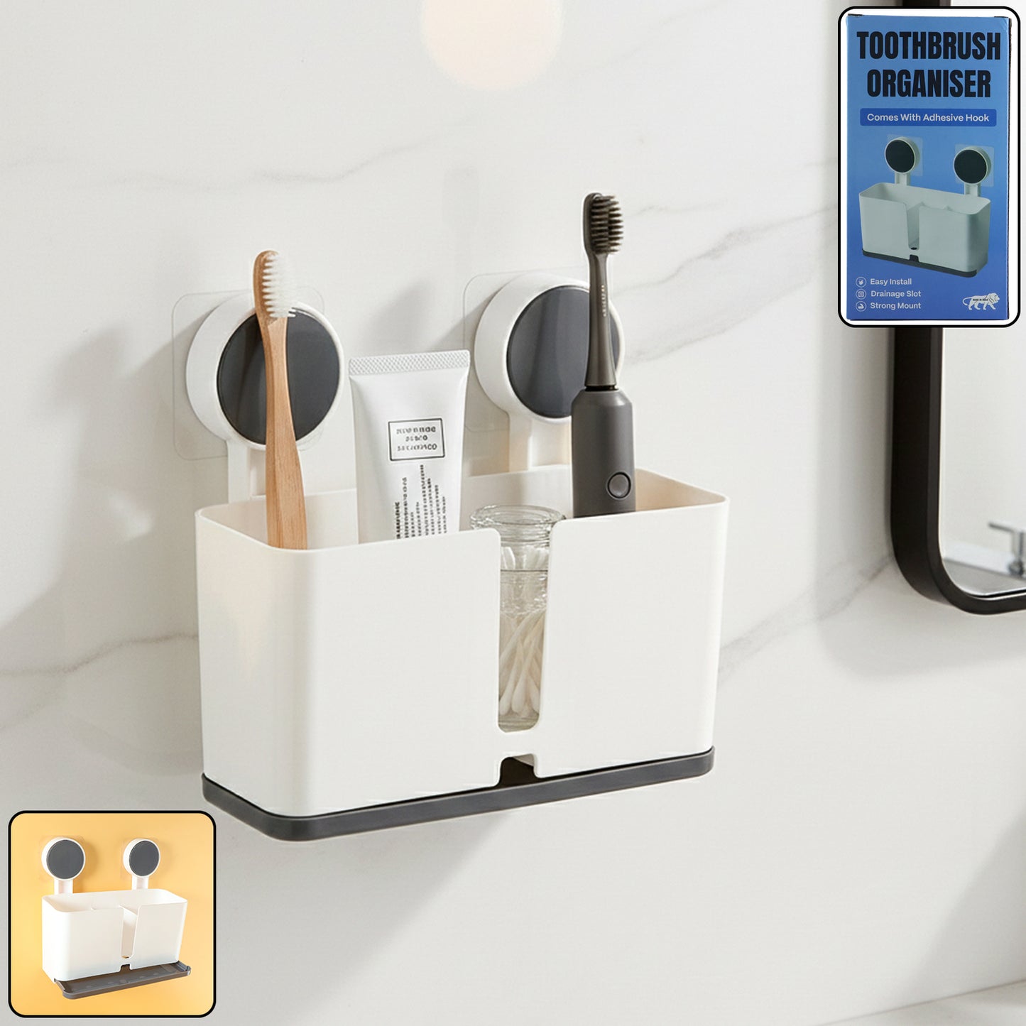 Wall Mount Toothbrush Holder with 3 Compartments - Adhesive Installation (1 Pc) - Happy Price - Image 2