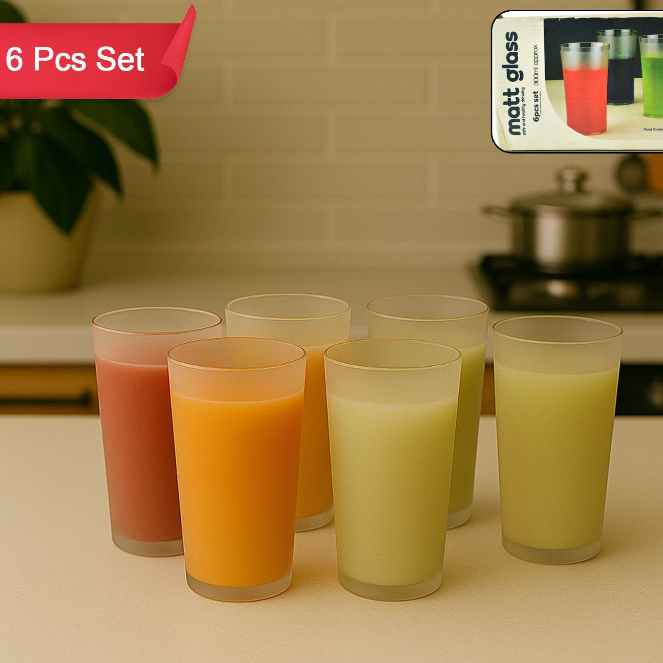 Matt Finish Glass Tumbler Set (Approx 300ml  6 Pc) - Happy Price - Image 1