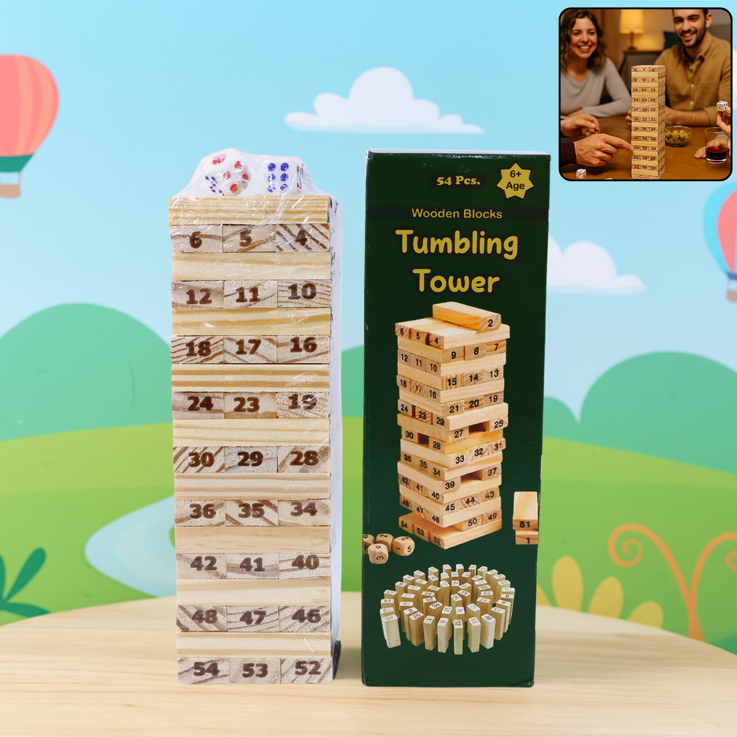 54 Pcs Wooden Tumbling Tower Game - Numbered Blocks & Dice for Family Fun - Happy Price - Image 7