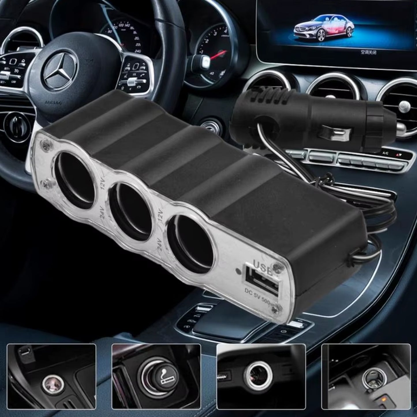 Triple 3 Way Car 12v Lighter Socket Splitter Usb Charger Power Adapter - Happy Price - Image 6