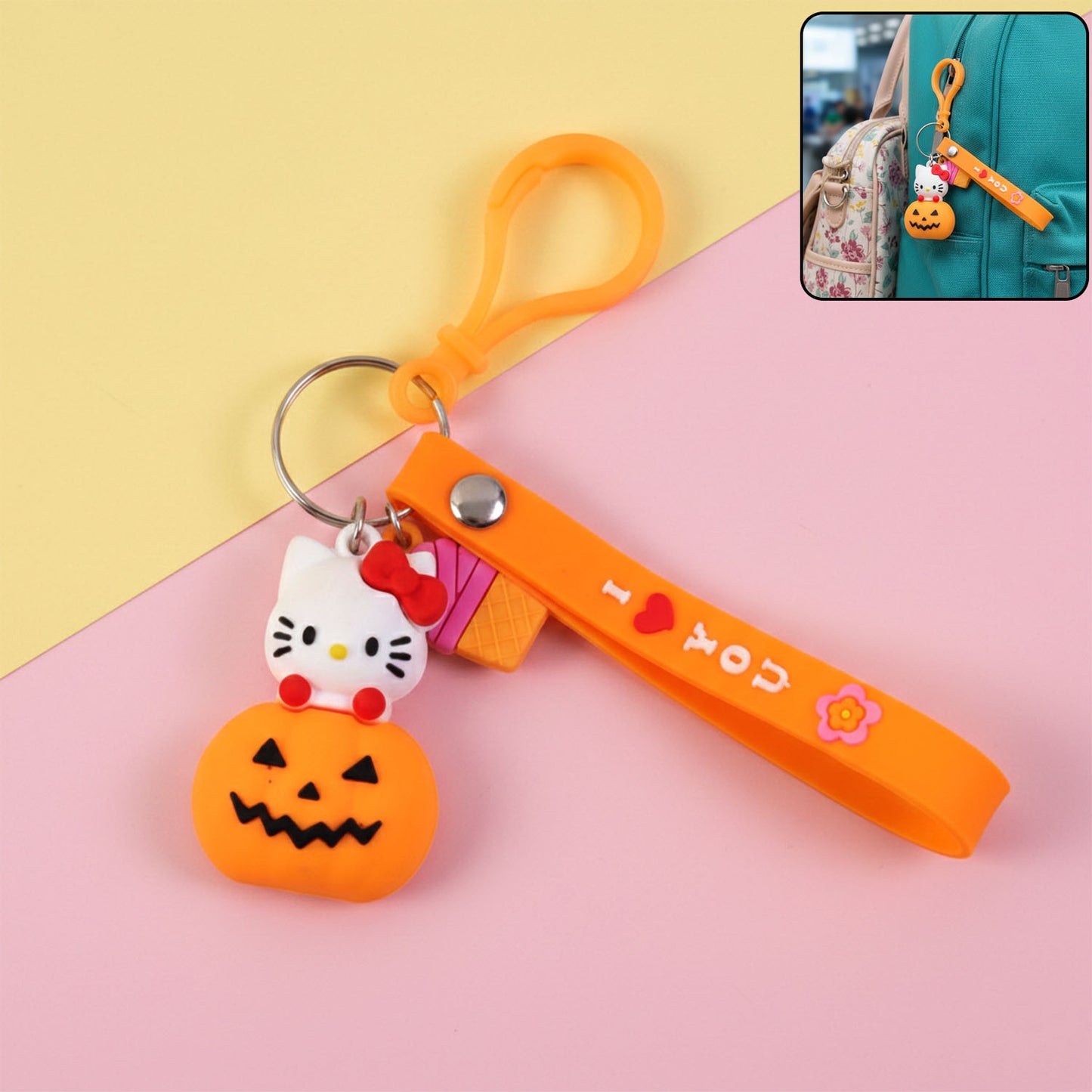 Cartoon Kitty Pumpkin Keychain with Strap - 1 Pc - Happy Price - Image 2