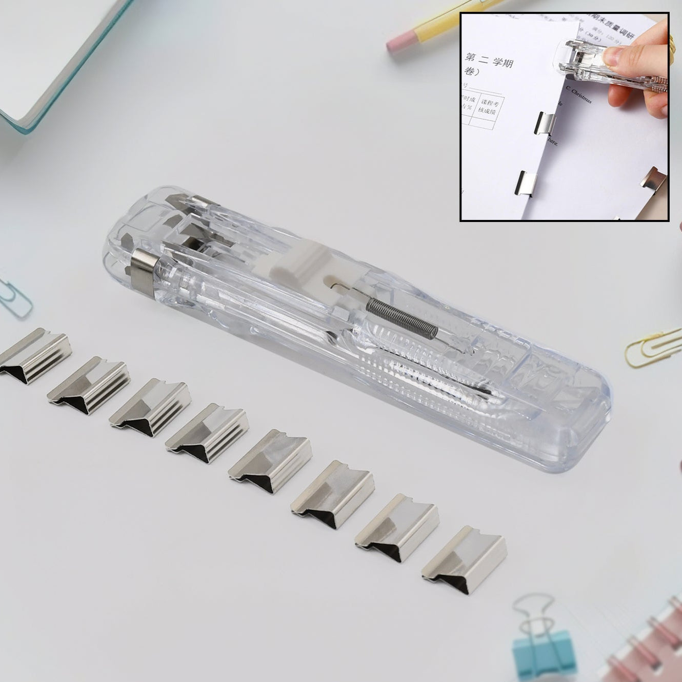 Portable Paper Clamp With 8 Pcs Clip Dispenser Handheld Paper Fast Clam (1 Set) - Happy Price - Image 1