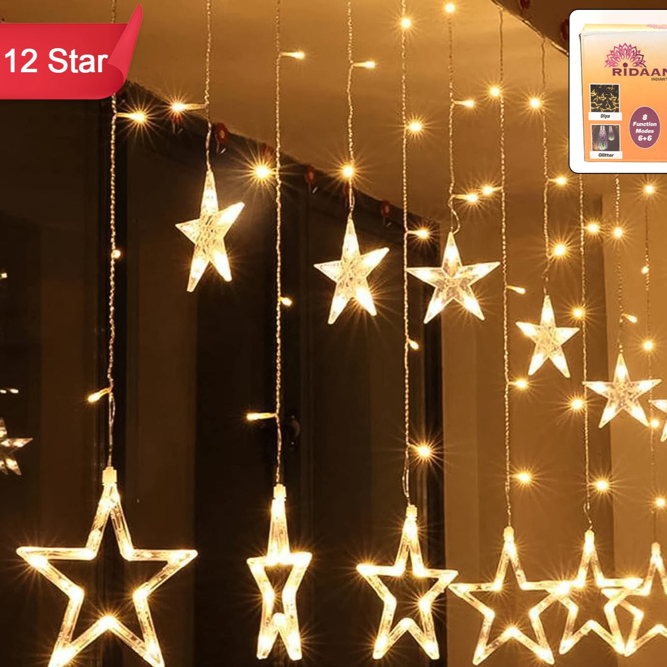 12 Star LED Curtain Lights - Warm White, 8 Modes for Festivals & Home Decor - Happy Price - Image 1