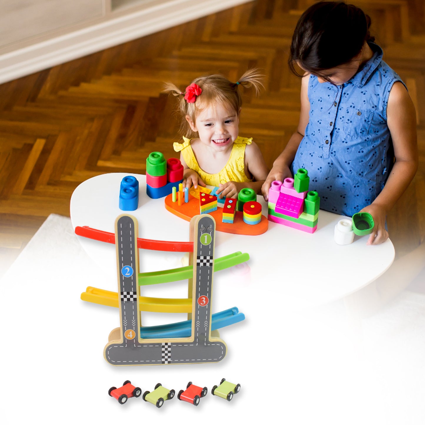 Car Racer Track Play Set Wooden Click Clack Toys With 4 Mini Racers (1 Set) - Happy Price - Image 3