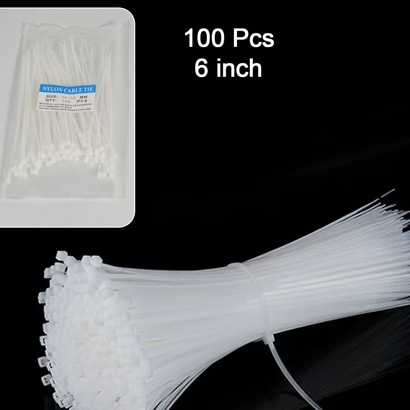6 Inch Heavy Duty Nylon Cable Ties - Pack of 100 Black - Happy Price - Image 1