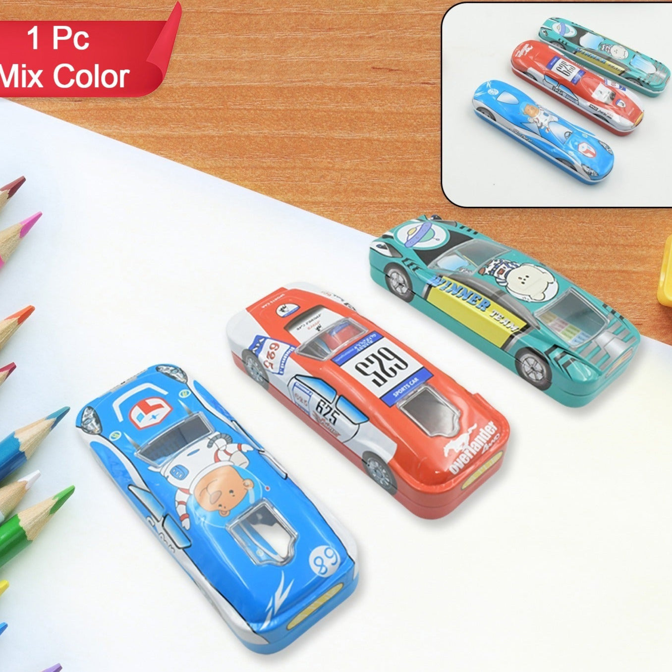 Car Shape Metal Compass Box With Small Compass Box Inside Pencil Case For Kids Stationery Compass Box Stationery Gift For School Kids Compass Pencil Box Birthday Return Gift For Kids (1 Pc Mix Color) - Happy Price - Image 1