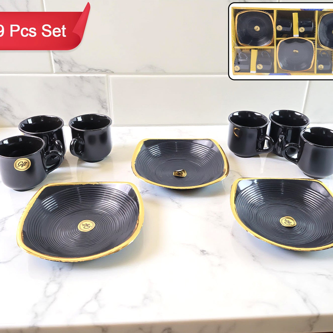 Ceramic Tea Cups and Seashell Bowls Set - 8 Pcs for Coffee, Milk, Breakfast & Gifts - Happy Price - Image 1