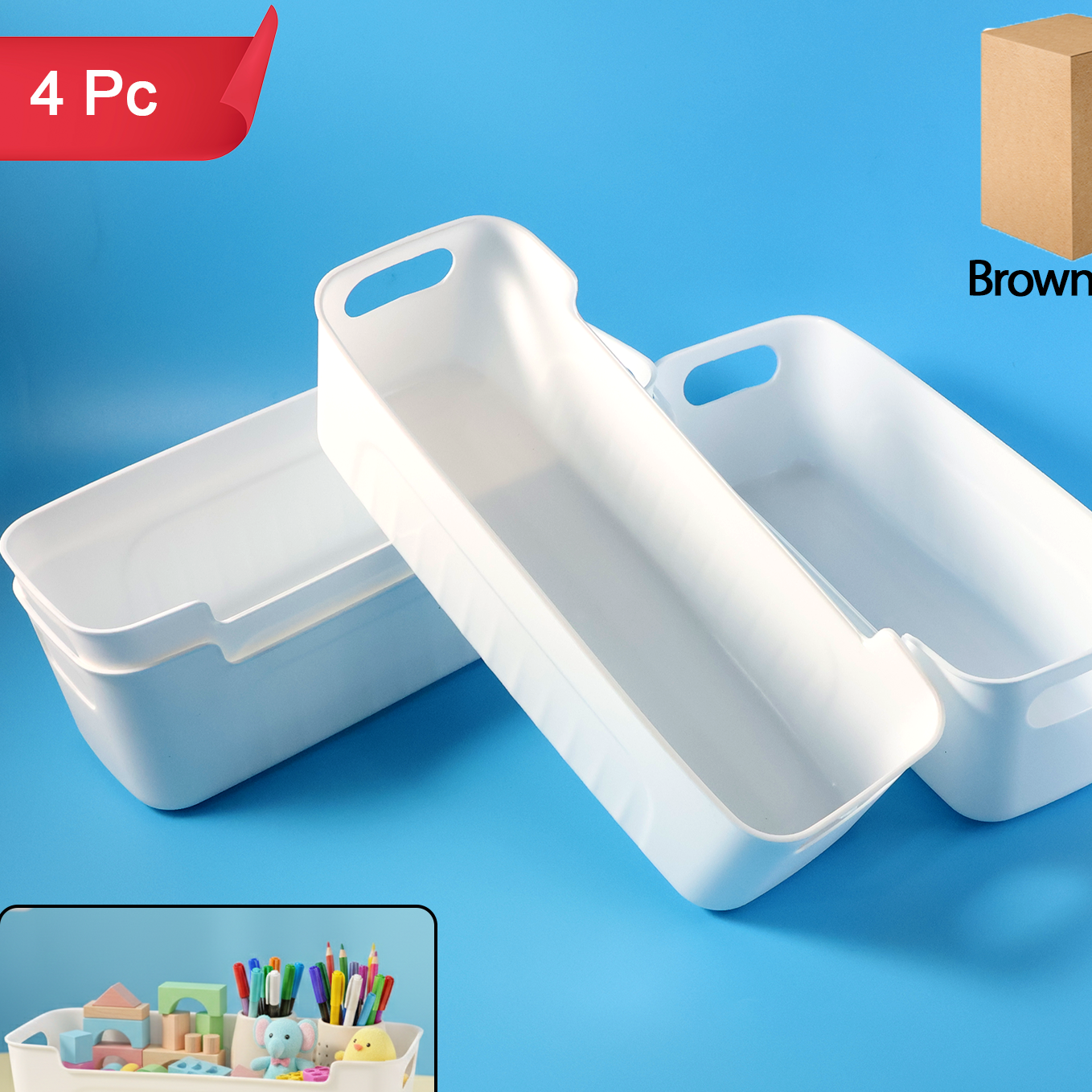 Set of 4 White Plastic Storage Baskets with Handles - Happy Price - Image 1