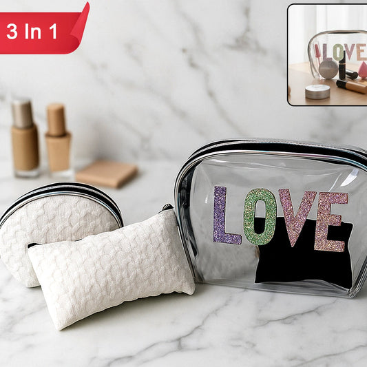 3-Piece Cosmetic Bag Set with Transparent Glitter Pouch - Happy Price - Image 1