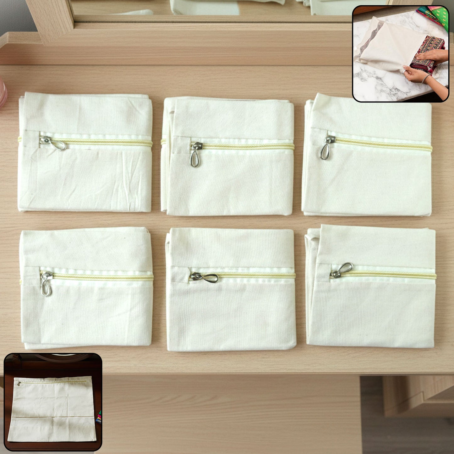 Pack of 6 Zippered Fabric Pouches - 14.5x16.5 cm Storage Bags - Happy Price - Image 2