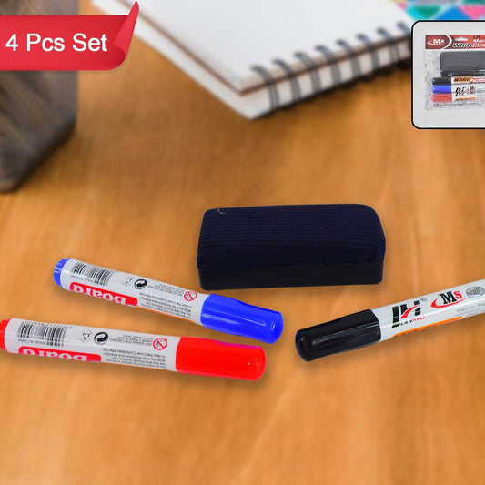 Whiteboard Marker Set (Blue Black Red) With Board Duster - Pack Of 4 - Happy Price - Image 1