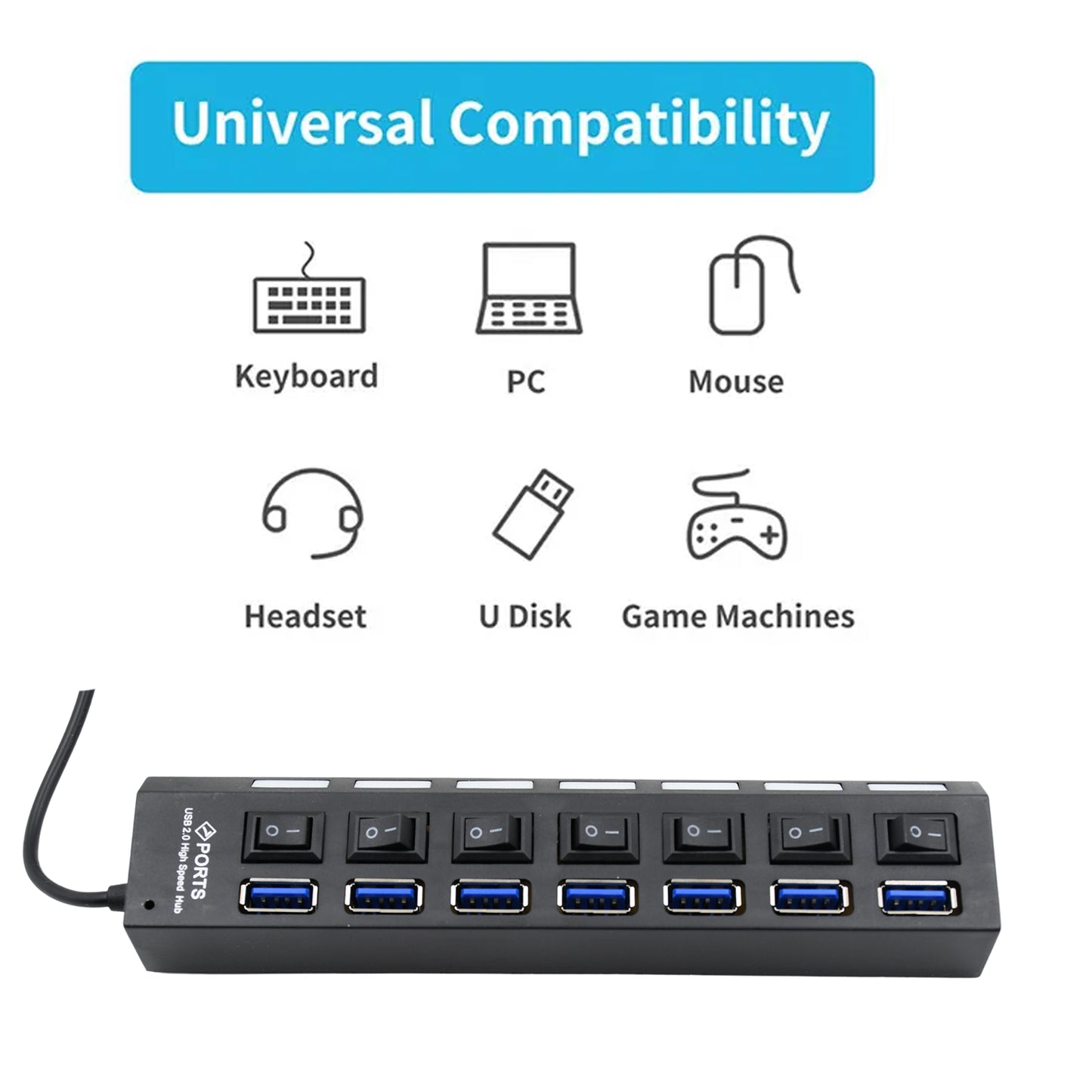 Usb Splitter Multi Port Usb 2.0 Hub 7 Port With Independent Onoff Switch And Led Indicators Usb A Port Data Hub Suitable For Pc Computer Keyboard Laptop Mobile Hdd Flash Drive Camera Etc - Happy Price - Image 2