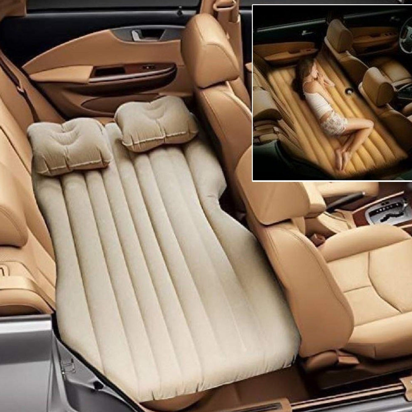 Car Inflatable Bed With 2 Pillows   Air Pump (Portable) For Travel Camping Vacation  Polyester Inflatable Travel Car Bed Air Sofa With Two Inflatable Pillow And Air Pump For Car Back Seat Air Pump Random Colour - Happy Price - Image 1