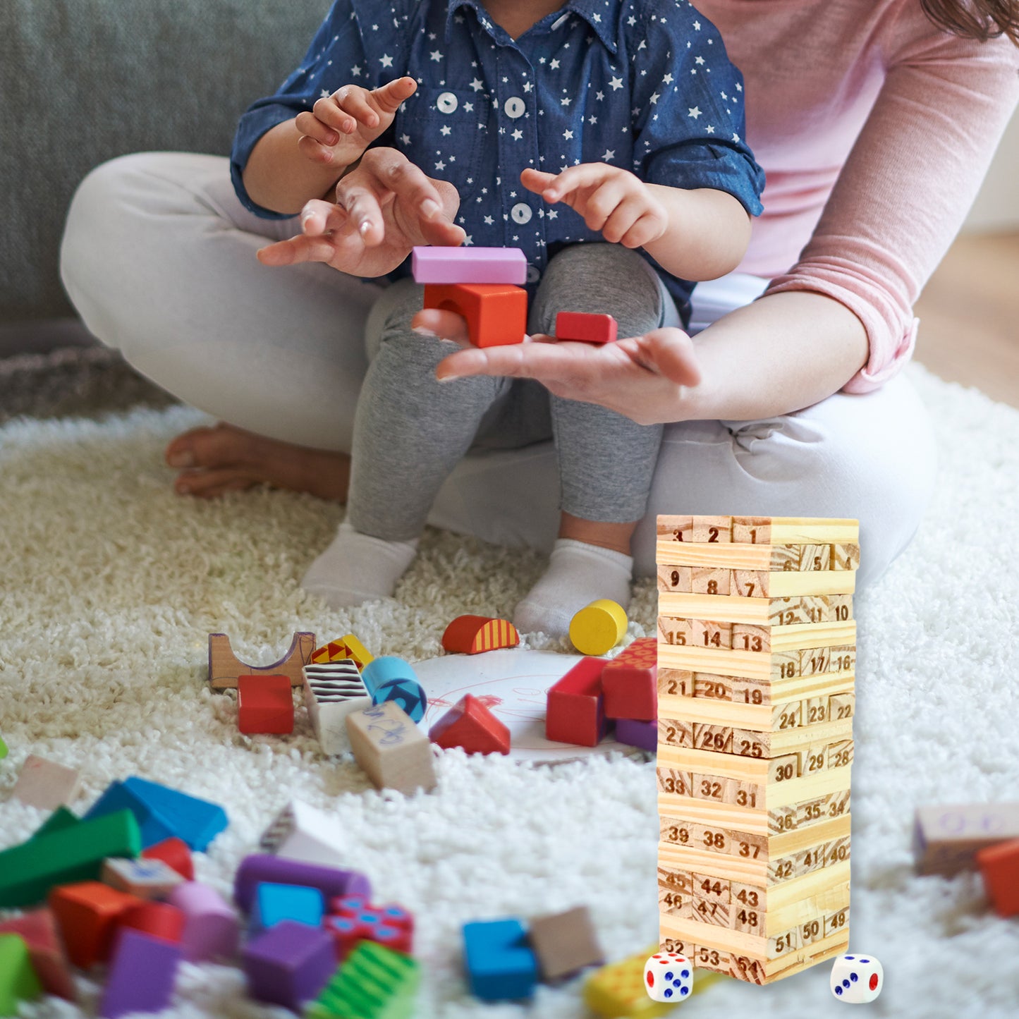 Wooden Block Stacking Game - 54 Numbered Pieces & 2 Dice - Happy Price - Image 5