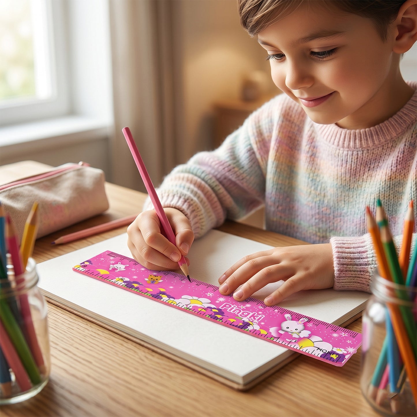7-in-1 Cute Pink Stationery Kit for Kids - Includes Ruler, Pencils, Eraser, Sharpener & Notebook - Happy Price - Image 3