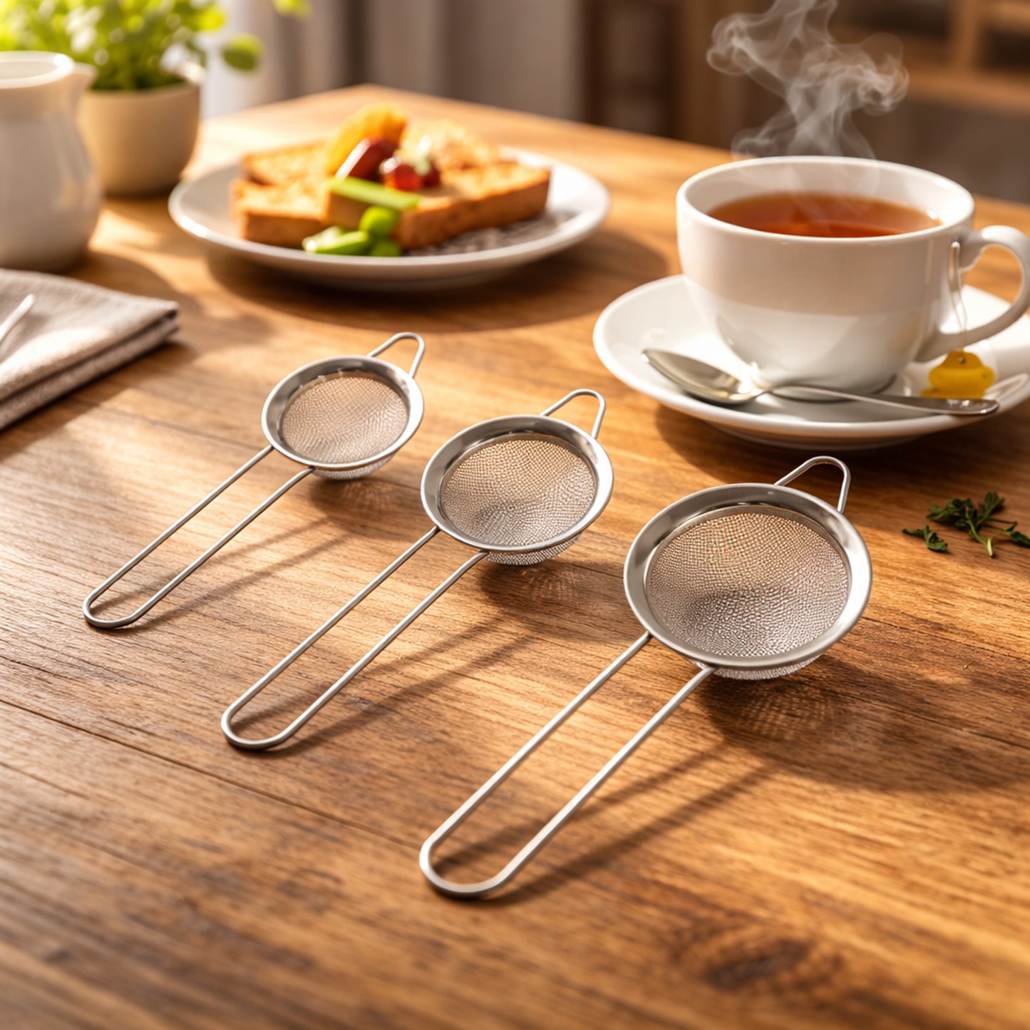 3 Piece Stainless Steel Tea Strainer Set with Long Handle - Happy Price - Image 2