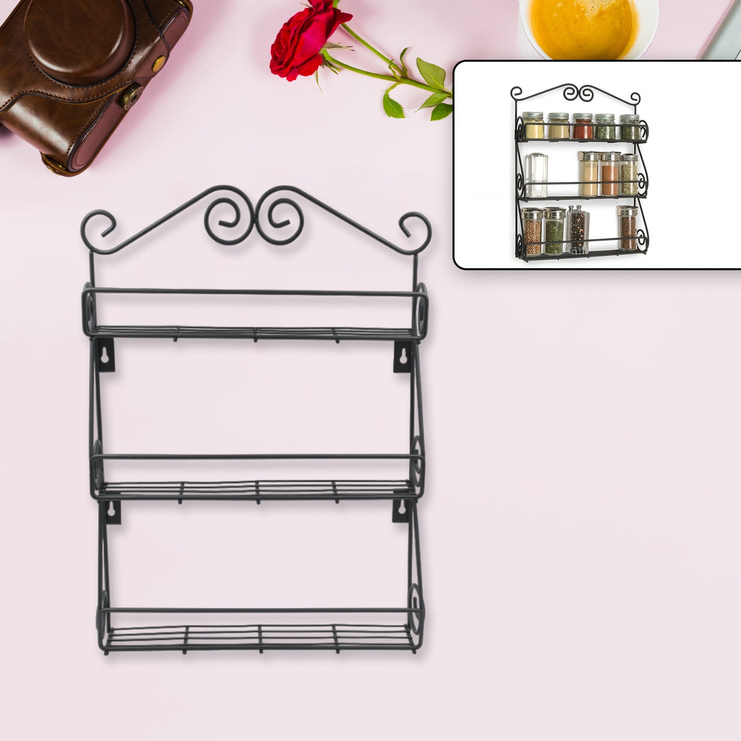 Big Wall Mounted Iron Wall Shelf With 3 Storage Racks For Kitchen Pantry Cabinet Counter Top Or Free Standing Rack Holder For Kitchen - Happy Price - Image 3