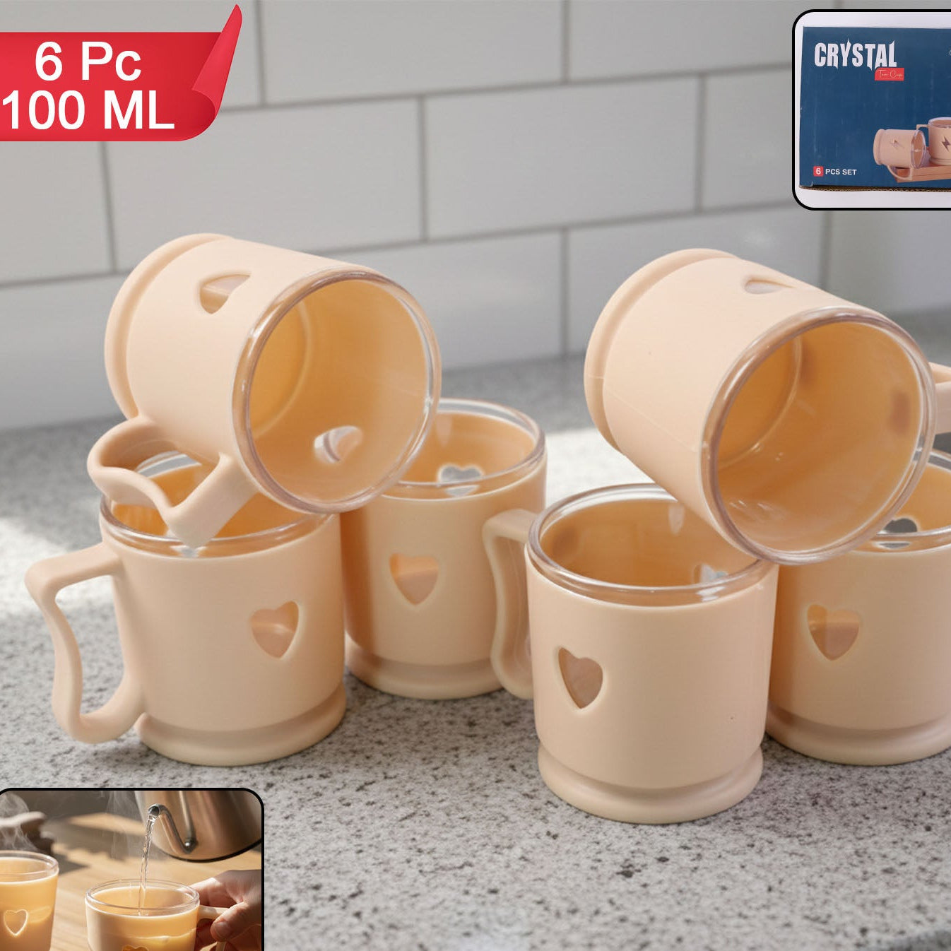 Mini Tea Coffee Mugs Set - 100ml, 6 Pc, Heart Design - Happy Price - Image 1