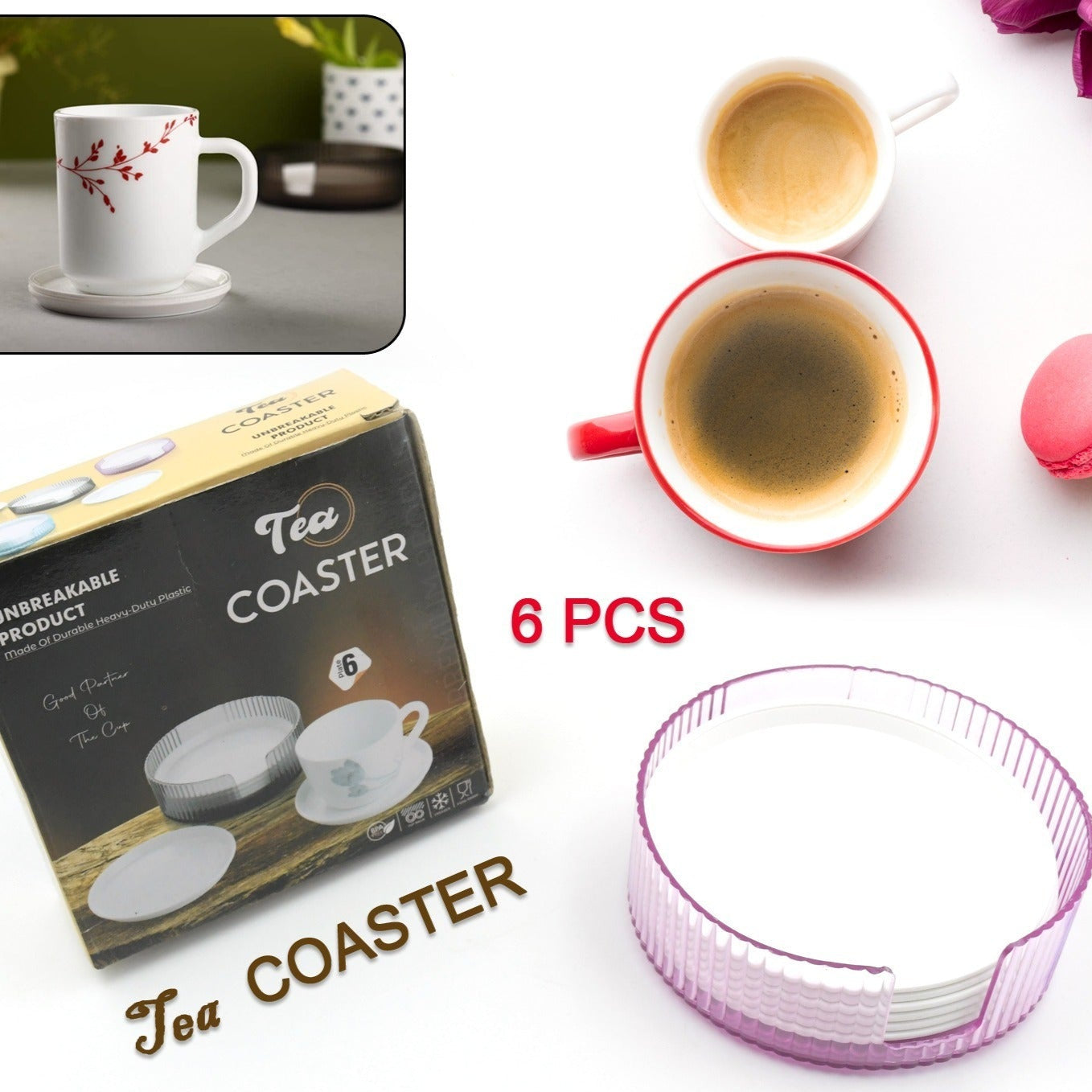 Coasters Set Of 6 Plastic Coasters Spill Protection For Table Desk Durable And Non Slip Plastic Coaster Fit Common Size Drinking Glass Coffee Cup Tea Cup Mug - Happy Price - Image 1