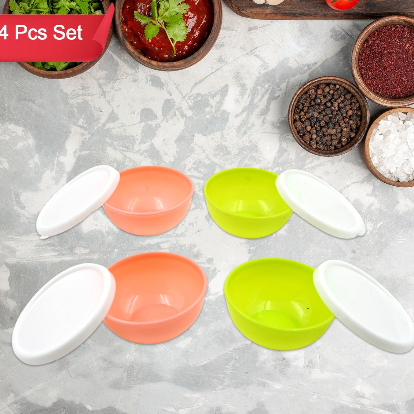 Multipurpose Small Round Plastic Bowl  Katori With Lid Microwave Safe Reusable Lightweight Bowl Dishwasher Safe Chutney Bowl (4 Pcs Set) - Happy Price - Image 1