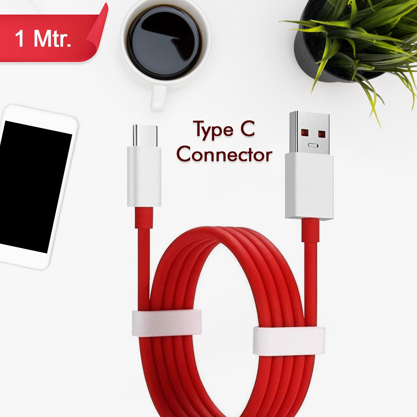 Unique Type C Dash Charging Usb Data Cable  Fast Charging Cable  Data Transfer Cable For C Type Mobile Use 1 Meter ( Red ) - Happy Price - Image 1