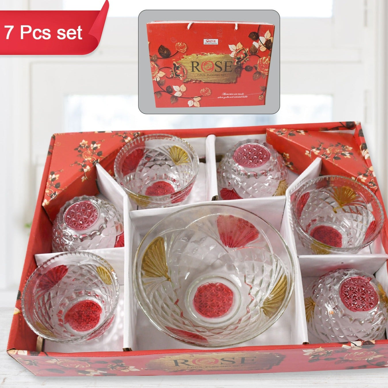 Rose Glass Multipurpose Pudding  Dessert  Ice Cream Bowl Set For Home Use Home  Kitchen Serving Bowl For Sundae Sweets Snacks Fruit Pudding Nuts Or Dip Serving Bowls 6 Medium  1 Big Bowl (Set Of 7 Pc) - Happy Price - Image 1