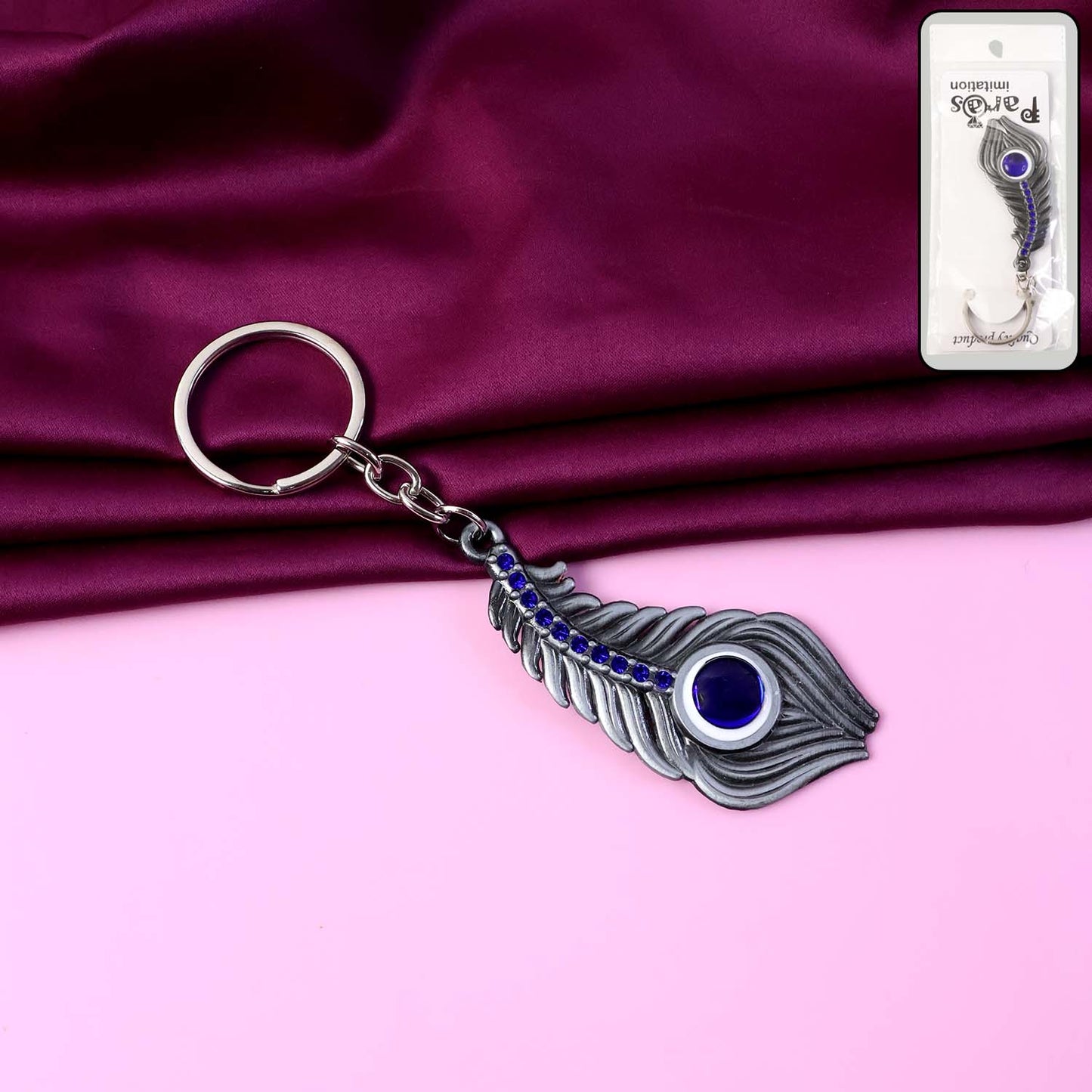 Metal Peacock Feather Keychain with Blue Gem Accent - 1 Pc - Happy Price - Image 2