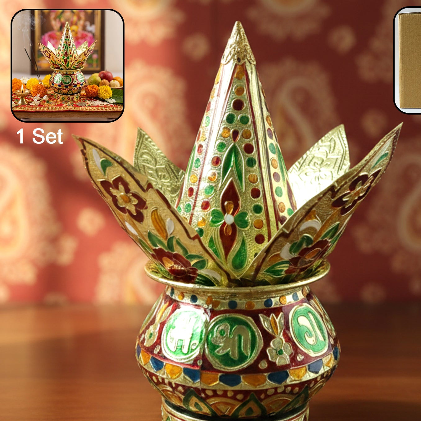 Decorative Pooja Kalash Set with Lotus Crown - 1 Set for Auspicious Occasions - Happy Price - Image 1