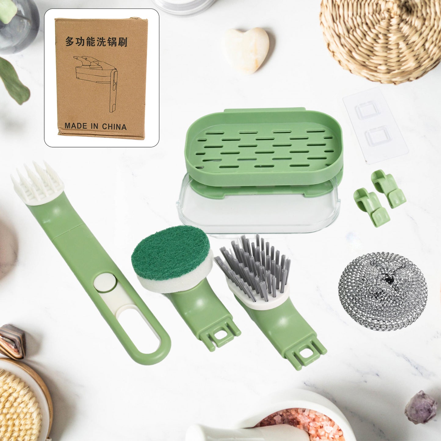 Dish Brush Set With Handle Replacement Heads Drain Tray In Kitchen (9 Pcs Set) - Happy Price - Image 2