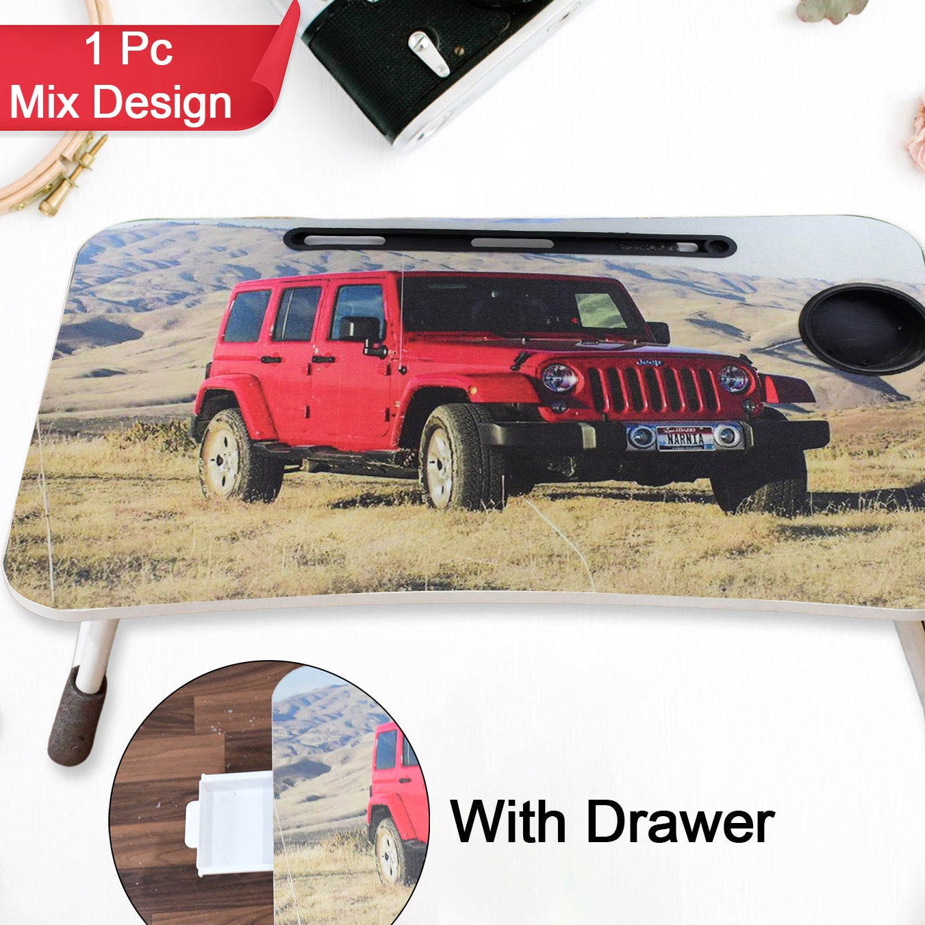 Foldable Cartoon Design Laptop Table with Cupholder and Drawer - 58x39 cm - Happy Price - Image 1