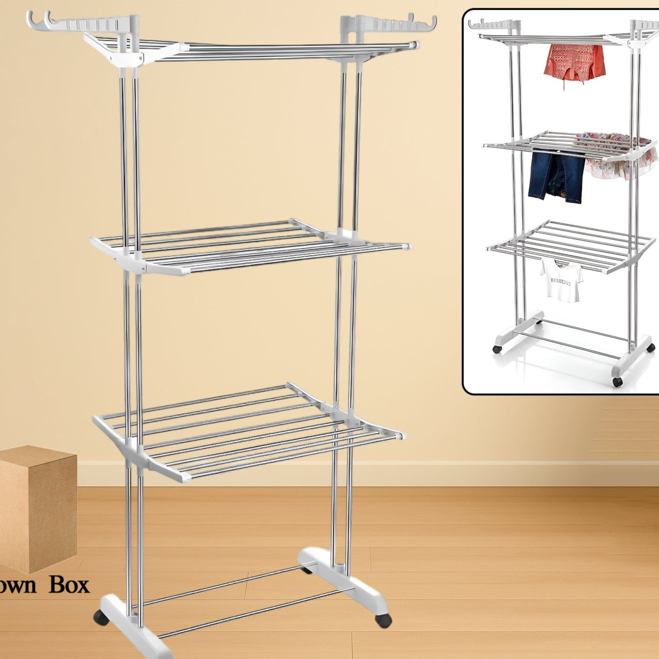 3-tier Foldable Stainless Steel Cloth Drying Stand With Wheels - Happy Price - Image 1