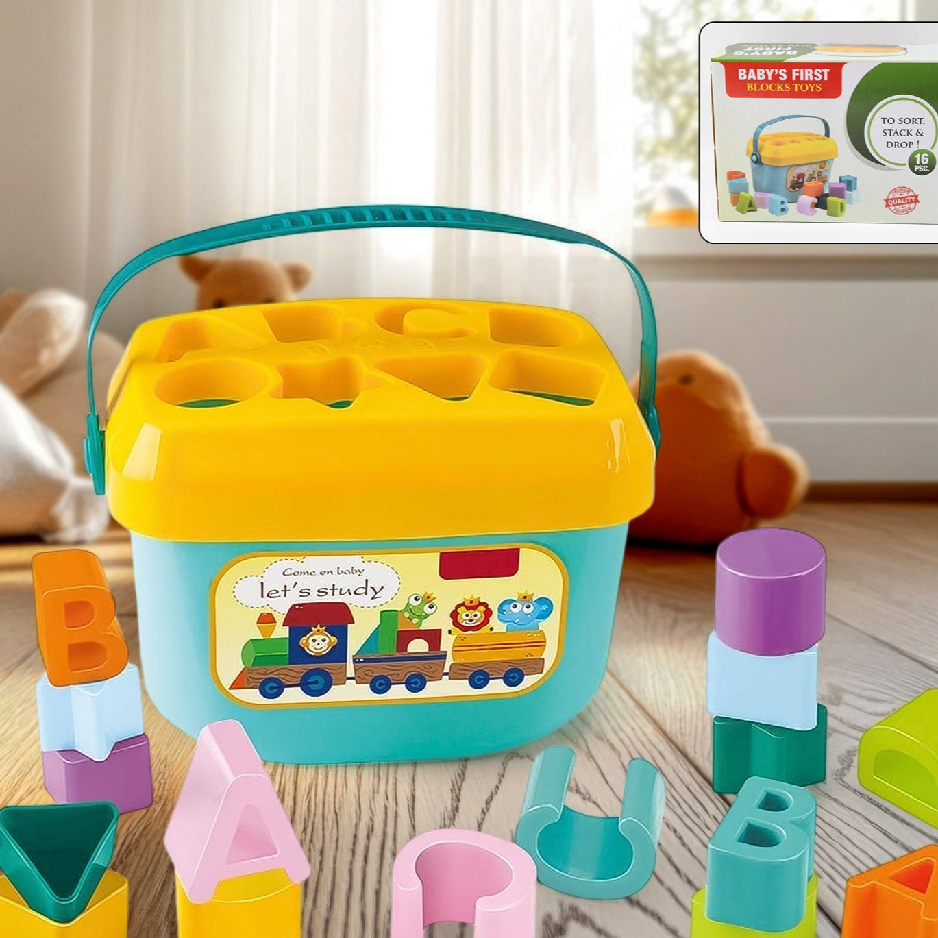 Baby First Block Set For Kids Non-toxic Abcd Geometric Shape Sorting  Stacking Toy (1 Set) - Happy Price - Image 1