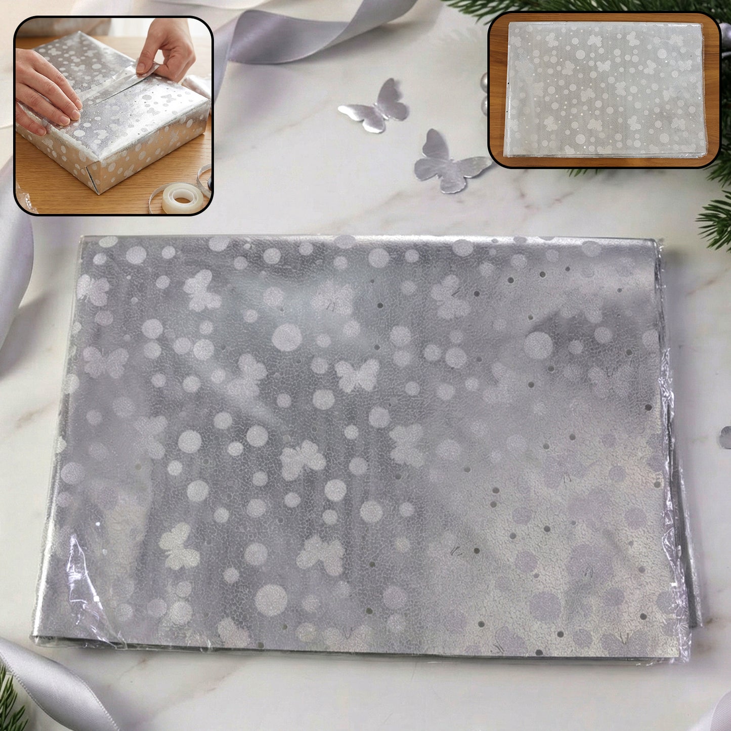 Decorative Silver Gift Wrap Sheets - Butterfly & Polka Dot Design (Approx 20 Pcs) - Happy Price - Image 2
