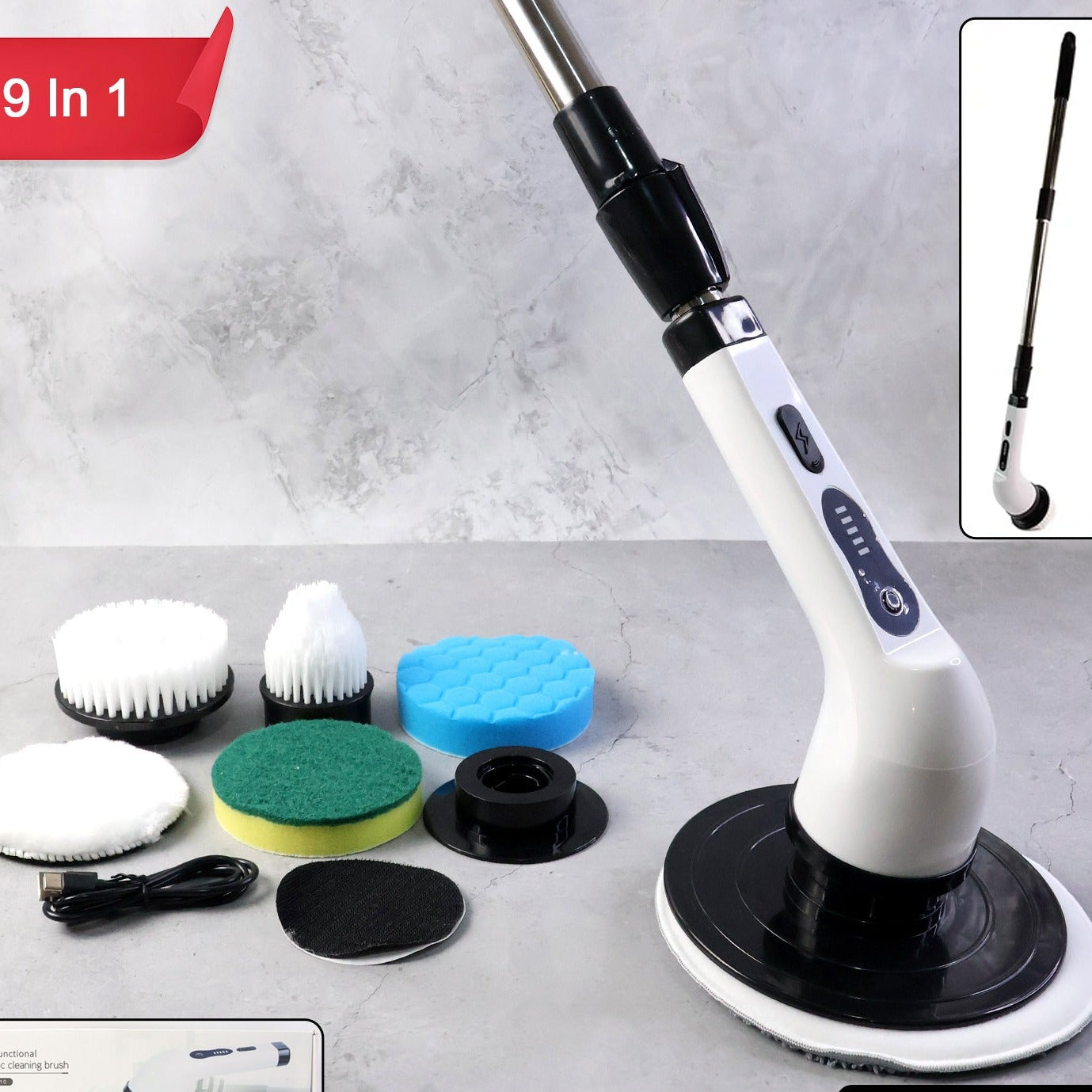 9-in-1 Rechargeable Electric Spin Scrubber with Extendable Handle - Multi-Head Power Cleaner Set - Happy Price - Image 1