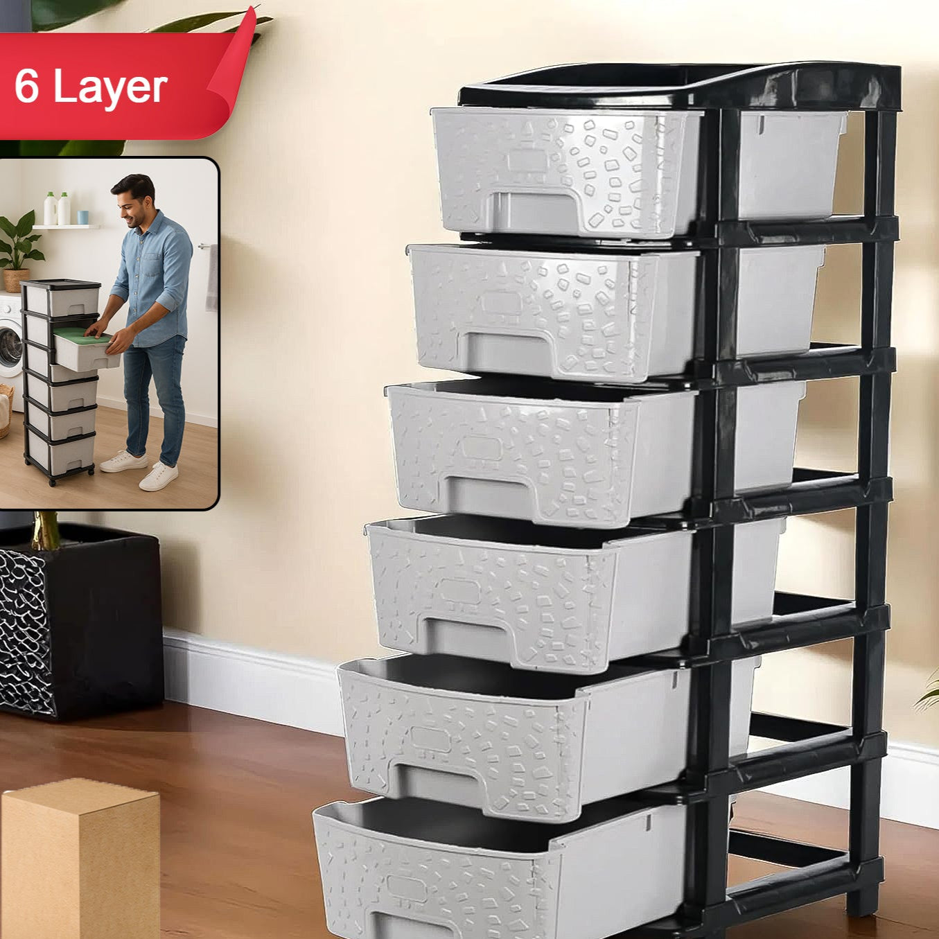 6-layer Heavy-duty Plastic Drawer Organizer Cabinet With Stone Texture Drawers - Happy Price - Image 1