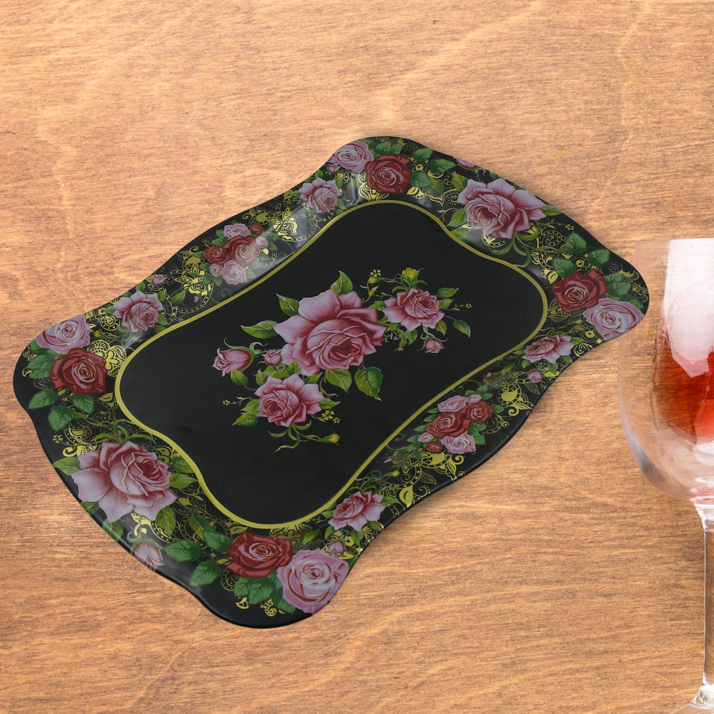 Stainless Steel Serving Tray With Flower Printed Rectangle Premium Dining Table Plate (18 X 8.5 Inch  1 Pc) - Happy Price - Image 4