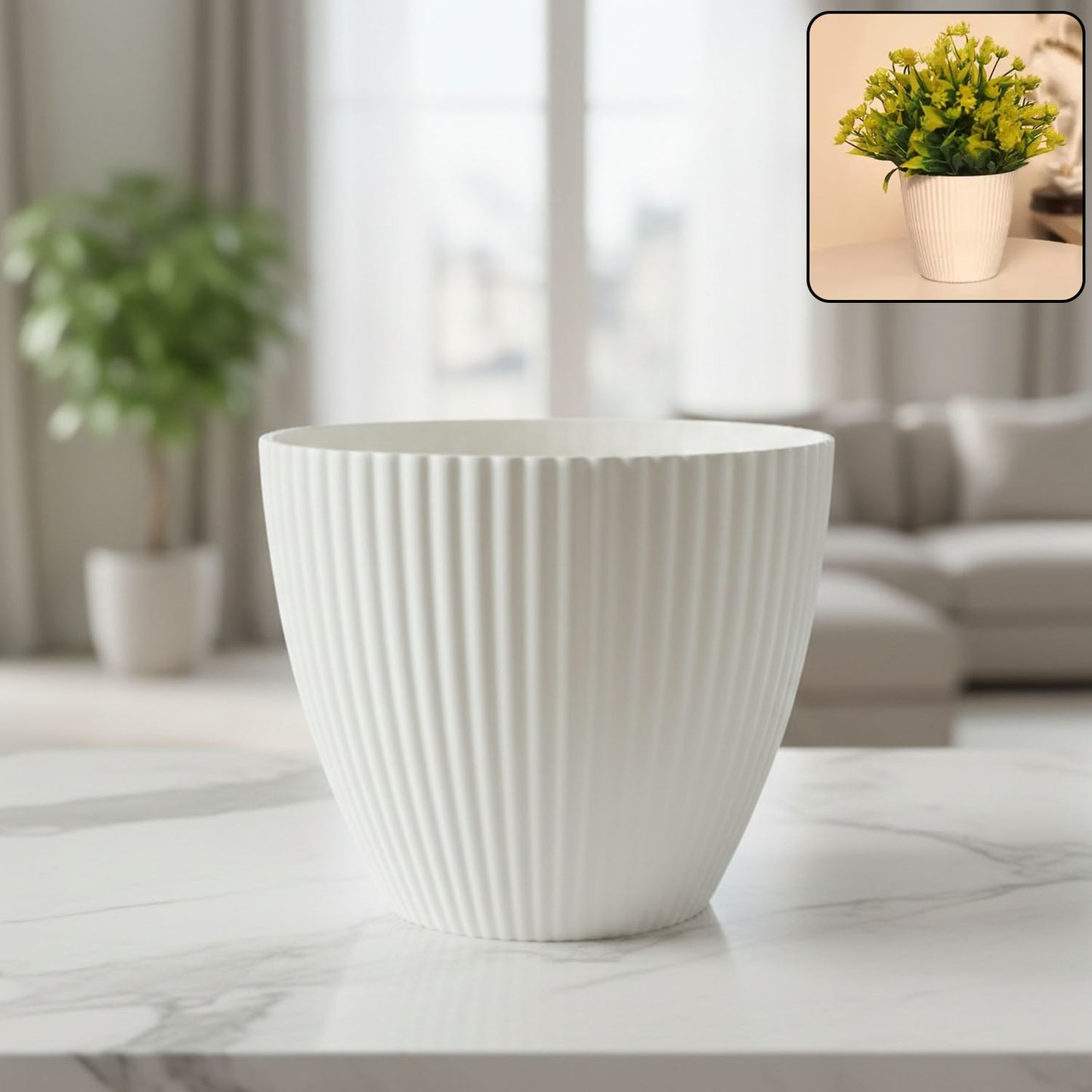 White Ribbed Decorative Flower Pot (1 Pc) - Modern Indoor Planter - Happy Price - Image 2