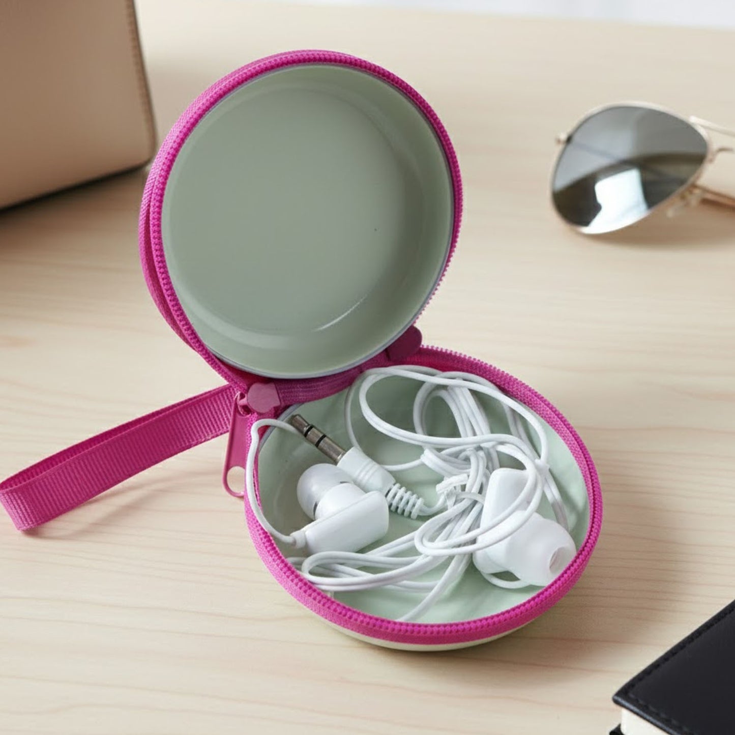Portable Earphone Case with Wired Earphones Set - Round Zipper Pouch with Strap - Happy Price - Image 6