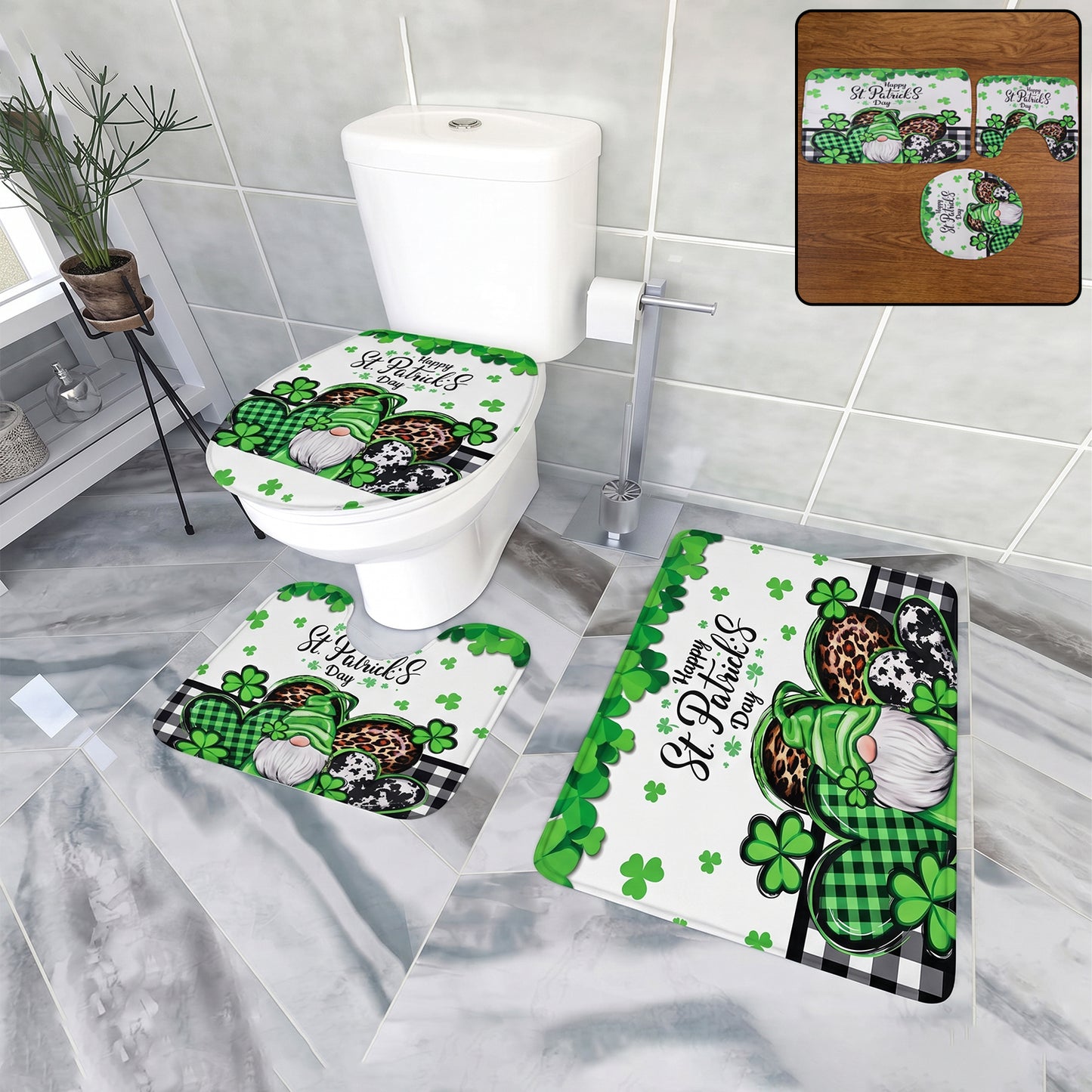 3 Piece Bathroom Mat Set - Mix Design Bath Rug, U-Shape Mat & Toilet Lid Cover - Happy Price - Image 3