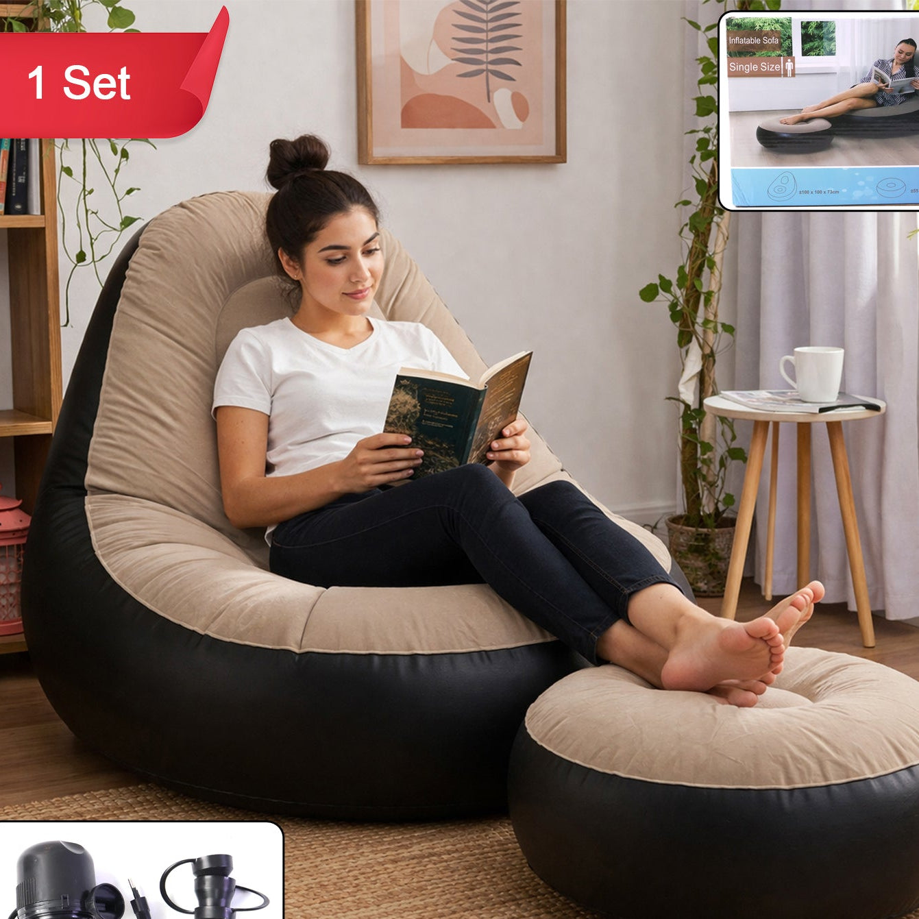 Inflatable Air Sofa Chair Set (1 Set 100x100x73 + 55x55x30 Cm)
