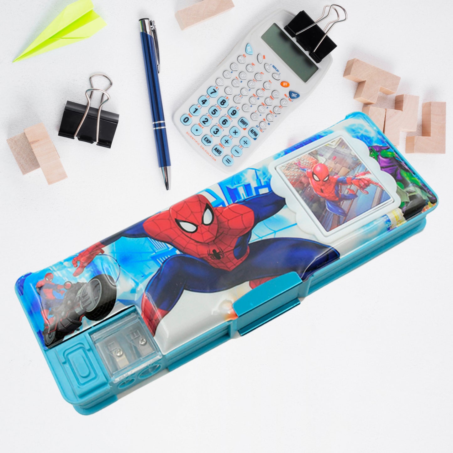 Art  Stationery Cartoon Multi-functional Geometry Box For Boys With Inbuilt Calculator 2 Sides Open And Double Sharpener Stationery Kit Pencil Box For Boys Art Plastic Pencil Box  For Girls And Boys - Happy Price - Image 4