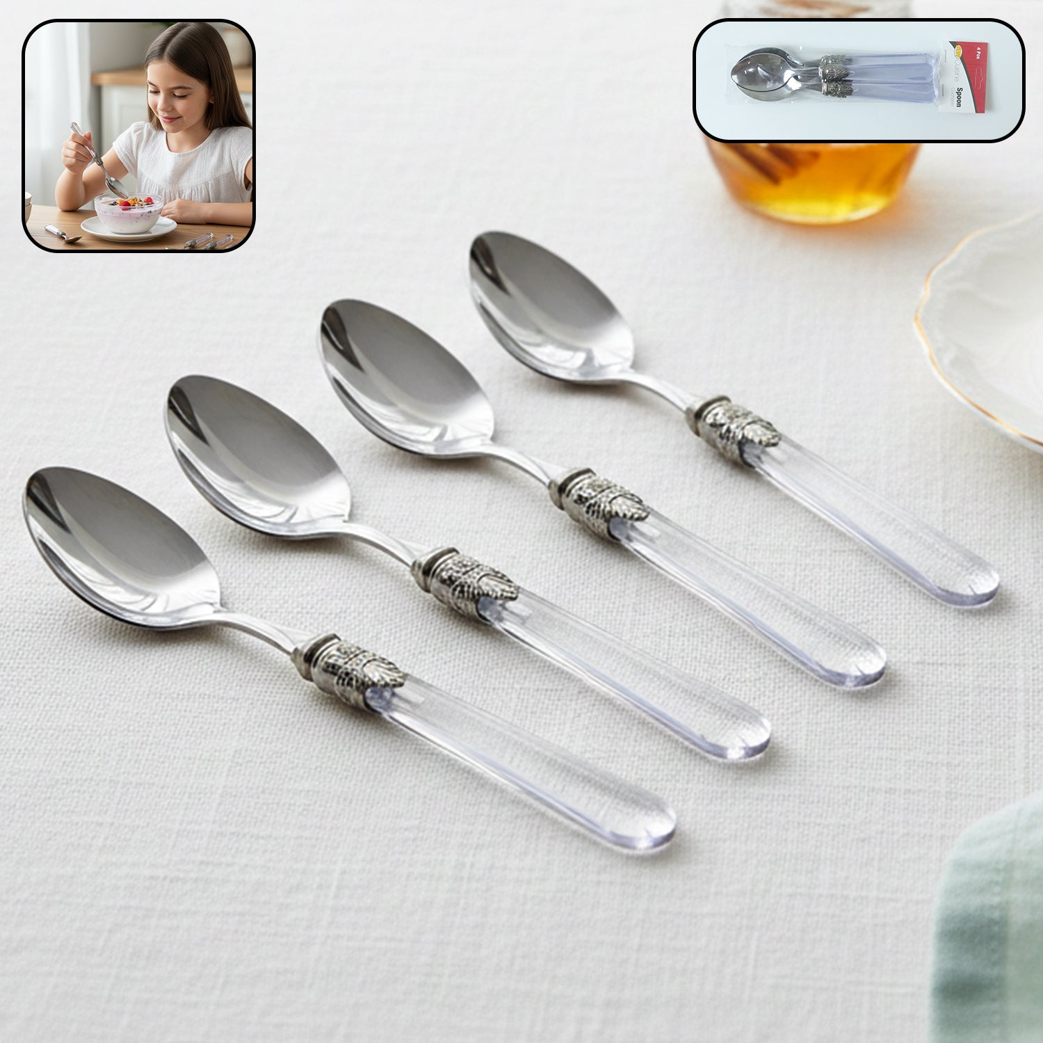 Set of 4 Stainless Steel Dessert Spoons with Designer Transparent Handles - Great Price - Image 1