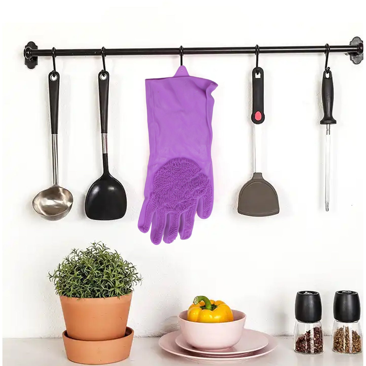 Dishwashing Gloves With Scrubber Silicone Cleaning Reusable Scrub Gloves For Wash Dish Kitchen Bathroom Pet Grooming Wet And Dry Glove (1 Pc Left Hand Gloves) - Happy Price - Image 2
