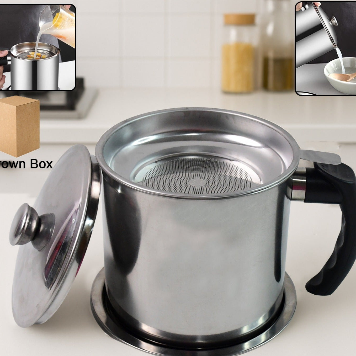 Stainless Steel Oil Strainer Pot With Lid And Filter Mesh (1 Set) - Happy Price - Image 1