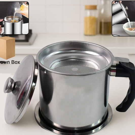 Stainless Steel Oil Strainer Pot With Lid And Filter Mesh (1 Set) - Happy Price - Image 1